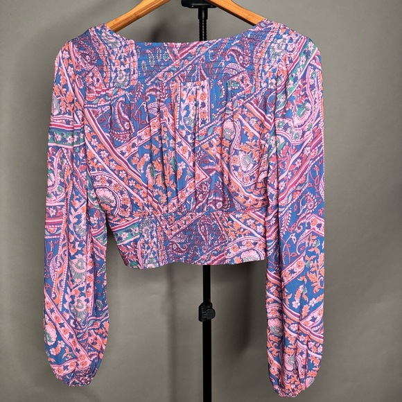 ba&sh NWT Finka Long-Sleeve Floral Paisley Puff Sleeve Crop Top Purple Pink XS - Picture 8 of 15